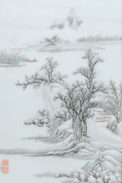 A Chinese famille rose table screen with a winter landscape and a scene with Europeans, various seals, Qianlong mark, 18/19th C.