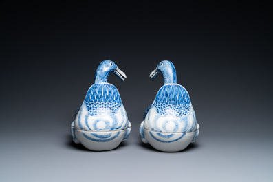 A pair of Chinese blue and white duck-shaped tureens and covers, Republic