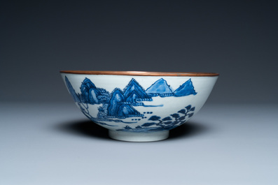 A Chinese 'Bleu de Hue' bowl for the Vietnamese market with the Hai Van mountains, Thanh Ngoan mark for Nguyen Phuc Chu, Kangxi