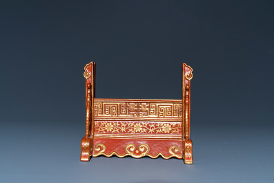 A Chinese famille rose table screen with a winter landscape and a scene with Europeans, various seals, Qianlong mark, 18/19th C.