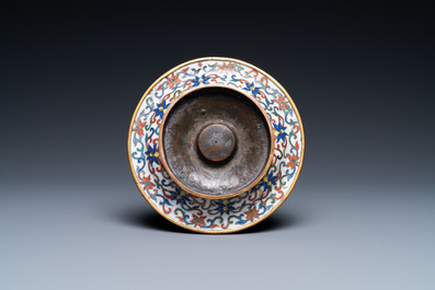 A Chinese cloisonn&eacute; two-handled 'lotus scroll' cup on stand, 18/19th C.