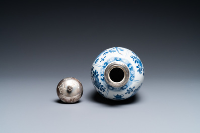 A Chinese blue and white silver-mounted tea caddy, Kangxi