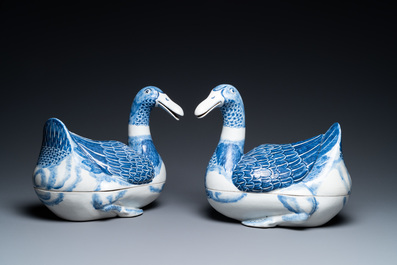 A pair of Chinese blue and white duck-shaped tureens and covers, Republic