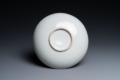 A Chinese blue and white 'magnolia, leaf and poem' dish, Shunzhi