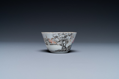 A fine Chinese famille rose 'romantic subject' cup and saucer, Qianlong