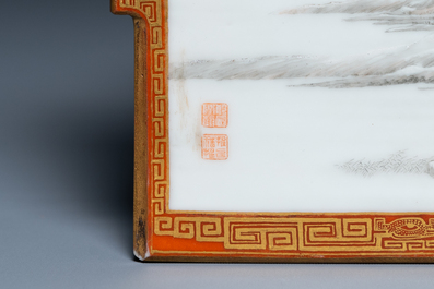 A Chinese famille rose table screen with a winter landscape and a scene with Europeans, various seals, Qianlong mark, 18/19th C.