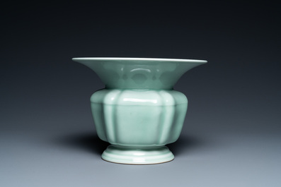 A Chinese monochrome celadon 'zhadou' spittoon, Yongzheng mark, Republic