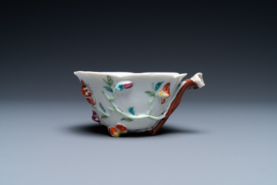 A Chinese famille rose relief-decorated libation cup, Yongzheng