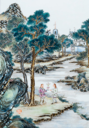 A Chinese famille rose table screen with a winter landscape and a scene with Europeans, various seals, Qianlong mark, 18/19th C.