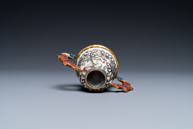 A Chinese cloisonn&eacute; two-handled 'lotus scroll' cup on stand, 18/19th C.