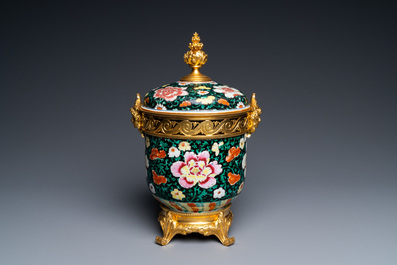 A Chinese gilt bronze-mounted famille noire bowl and cover, Qianlong