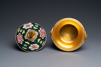 A Chinese gilt bronze-mounted famille noire bowl and cover, Qianlong