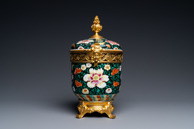 A Chinese gilt bronze-mounted famille noire bowl and cover, Qianlong