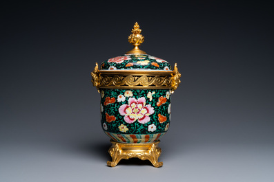 A Chinese gilt bronze-mounted famille noire bowl and cover, Qianlong
