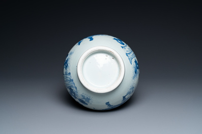 A Chinese blue and white bottle vase depicting four figures, Transitional period