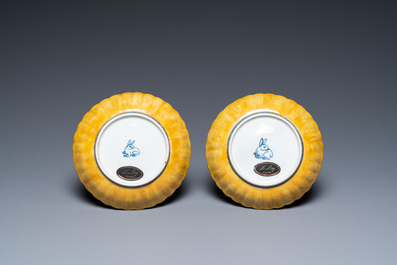 A pair of lobed Chinese blue and white yellow edge plates, 'hare' mark, Wanli