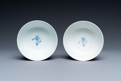 Een paar Chinese 'Bleu de Hue' kommen met dubbel Tho-decor, 'Roushen collectie' merk, 19e eeuw