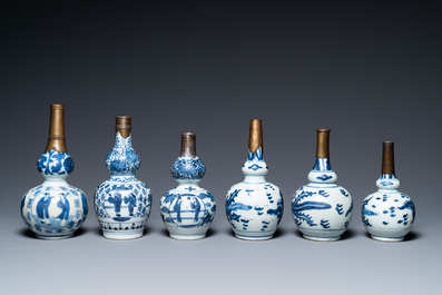 Six Chinese blue and white metal-mounted double gourd vases, Transitional period and later