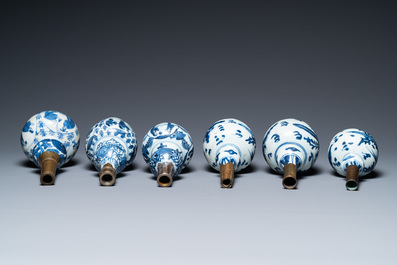 Six Chinese blue and white metal-mounted double gourd vases, Transitional period and later