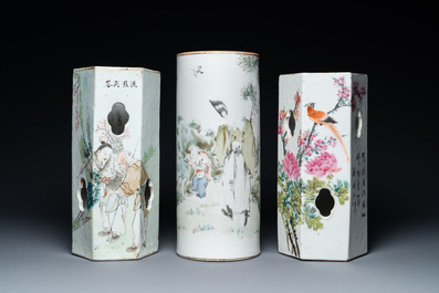 Three Chinese qianjiang cai hat stands, the left one signed Jiang Chaozong and dated 1897
