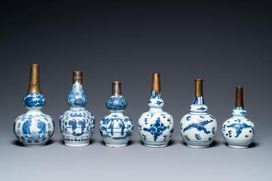 Six Chinese blue and white metal-mounted double gourd vases, Transitional period and later