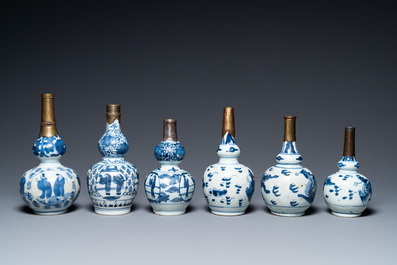 Six Chinese blue and white metal-mounted double gourd vases, Transitional period and later