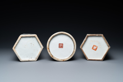 Three Chinese qianjiang cai hat stands, the left one signed Jiang Chaozong and dated 1897