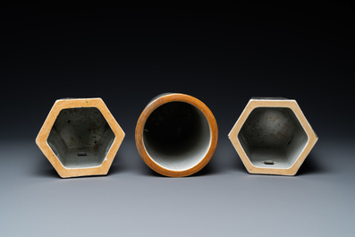 Three Chinese qianjiang cai hat stands, the left one signed Jiang Chaozong and dated 1897