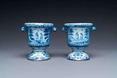 A pair of small Dutch Delft blue and white jardini&egrave;res, 18th C.