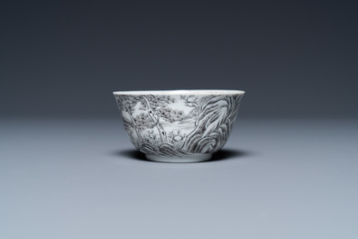 A Chinese grisaille cup and saucer with buffaloes, Yongzheng