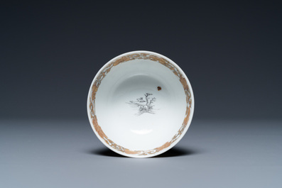 A Chinese grisaille cup and saucer with buffaloes, Yongzheng