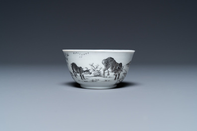 A Chinese grisaille cup and saucer with buffaloes, Yongzheng