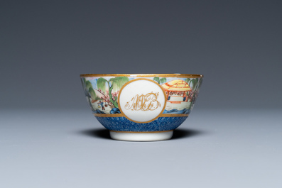 A rare Chinese Canton famille rose cup and saucer, 19th C.