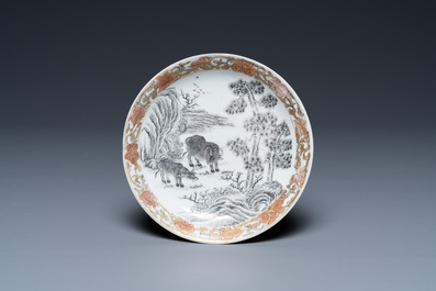 A Chinese grisaille cup and saucer with buffaloes, Yongzheng