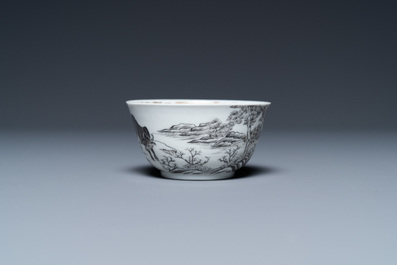 A Chinese grisaille cup and saucer with buffaloes, Yongzheng