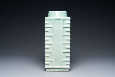 A Chinese monochrome celadon 'cong' vase with trigrams, Qianlong mark, Republic