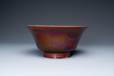 A Chinese aubergine-glazed bowl with incised design of cranes, Kangxi