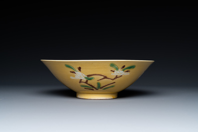 A Chinese yellow-ground 'brinjal' biscuit bowl, Kangxi