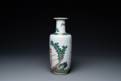 A Chinese famille verte rouleau vase with narrative design, Kangxi