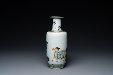 A Chinese famille verte rouleau vase with narrative design, Kangxi