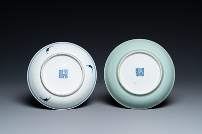 A Chinese famille rose bowl and cover, a 'dragon' plate and a celadon plate, 19th C.