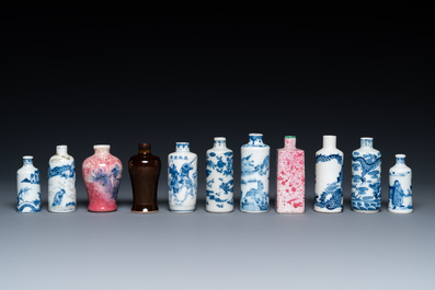 Eleven Chinese mostly blue and white snuff bottles, 19/20th C.