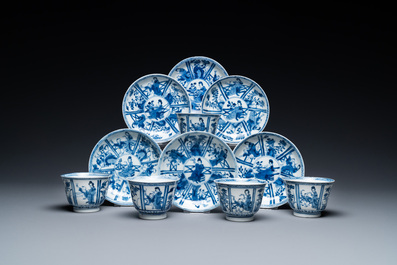 Six Chinese blue and white saucers and five cups, Qi Yu Tang Zhi mark, Kangxi