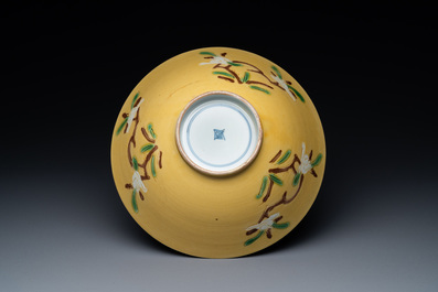 A Chinese yellow-ground 'brinjal' biscuit bowl, Kangxi