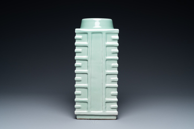A Chinese monochrome celadon 'cong' vase with trigrams, Qianlong mark, Republic