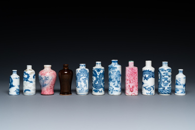 Eleven Chinese mostly blue and white snuff bottles, 19/20th C.