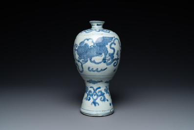 A Chinese blue and white 'Buddhist lions' 'meiping' vase, Ming