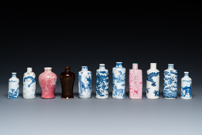 Eleven Chinese mostly blue and white snuff bottles, 19/20th C.