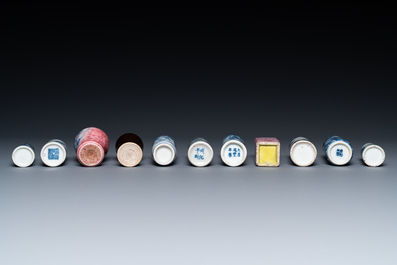 Eleven Chinese mostly blue and white snuff bottles, 19/20th C.