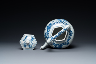 A large Chinese blue and white hexagonal teapot and cover, Transitional period